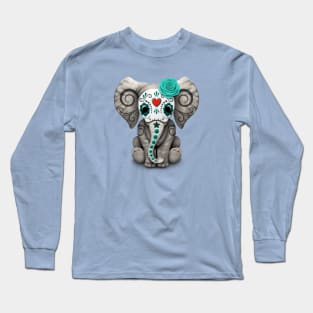 Teal Blue Day of the Dead Sugar Skull Baby Elephant Long Sleeve T-Shirt